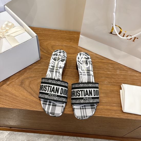 Christian Dior Silk Fabric Slip-on Sandals with CD Embroidery