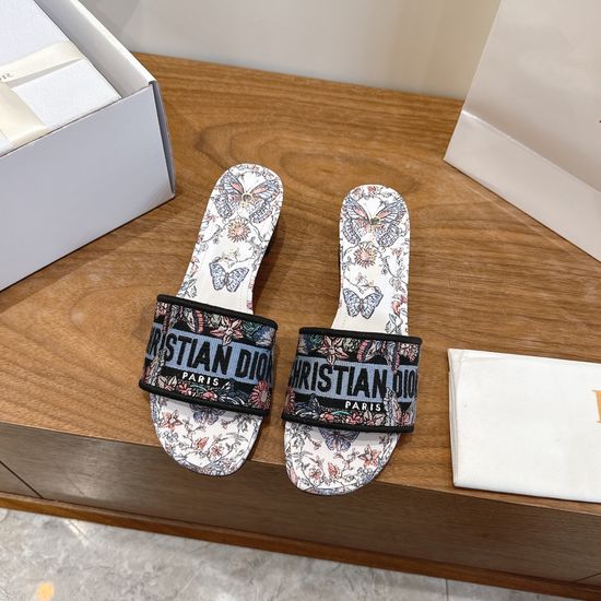Christian Dior Silk Fabric Slip-on Sandals with CD Embroidery