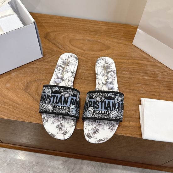 Christian Dior Silk Fabric Slip-on Sandals with CD Embroidery