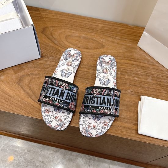 Christian Dior Silk Fabric Slip-on Sandals with CD Embroidery