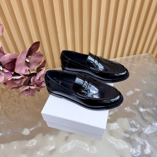 Yves Saint Laurent Minimalist Logo Leather Loafers Elegant Almond Toe Footwear