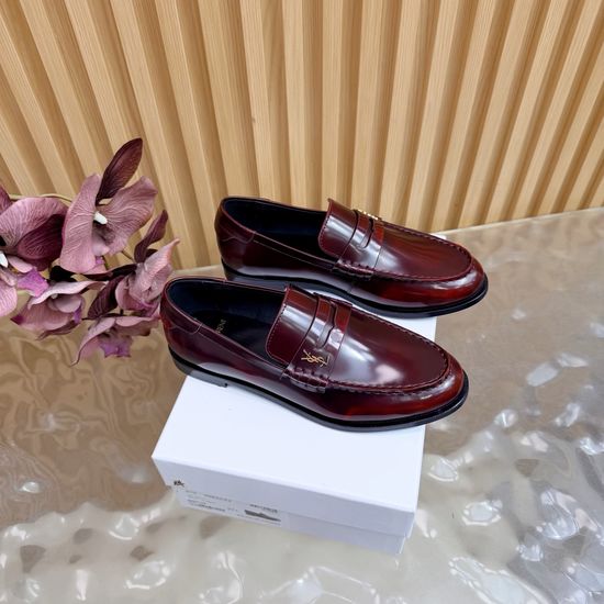 Yves Saint Laurent Minimalist Logo Leather Loafers Elegant Almond Toe Footwear