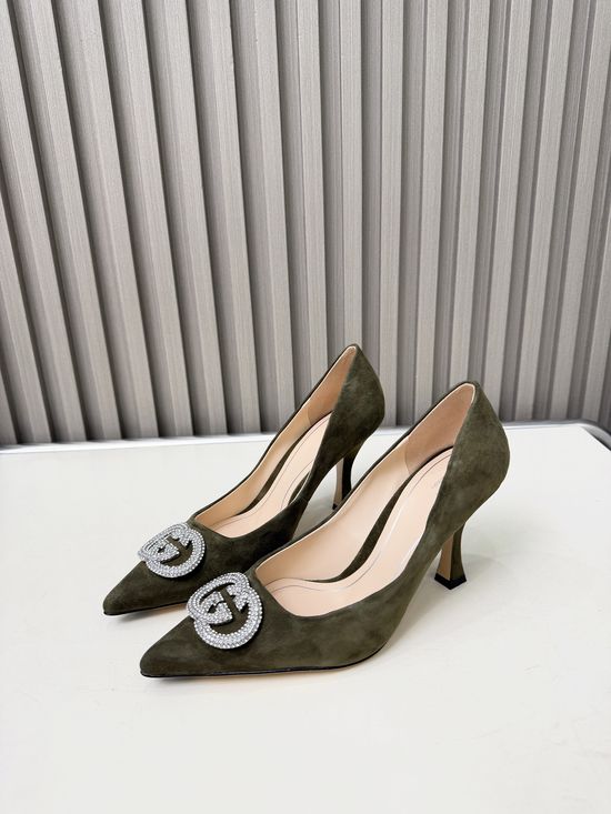 Gucci Crystal Buckle Mid Heel Leather Sole Sheepskin Shoes