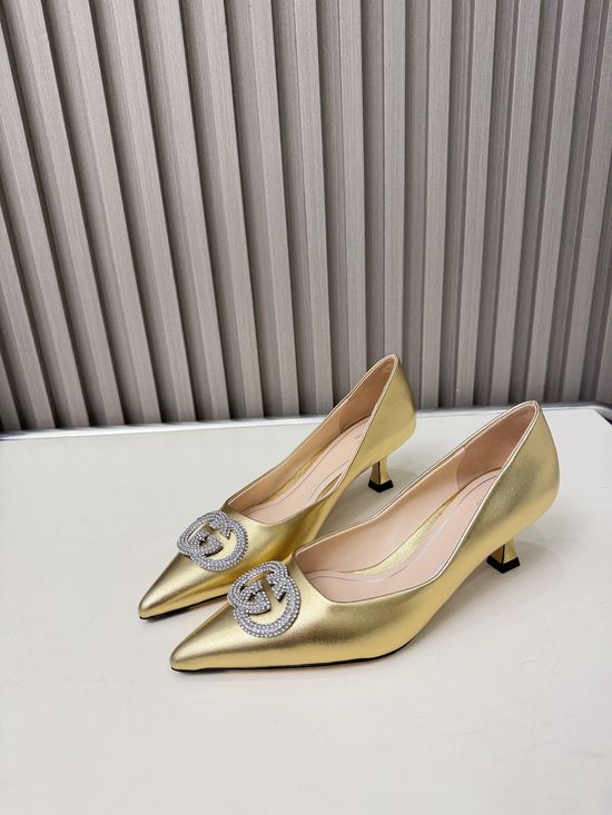 Gucci Crystal Buckle Low Heel Leather Sole Sheepskin Shoes