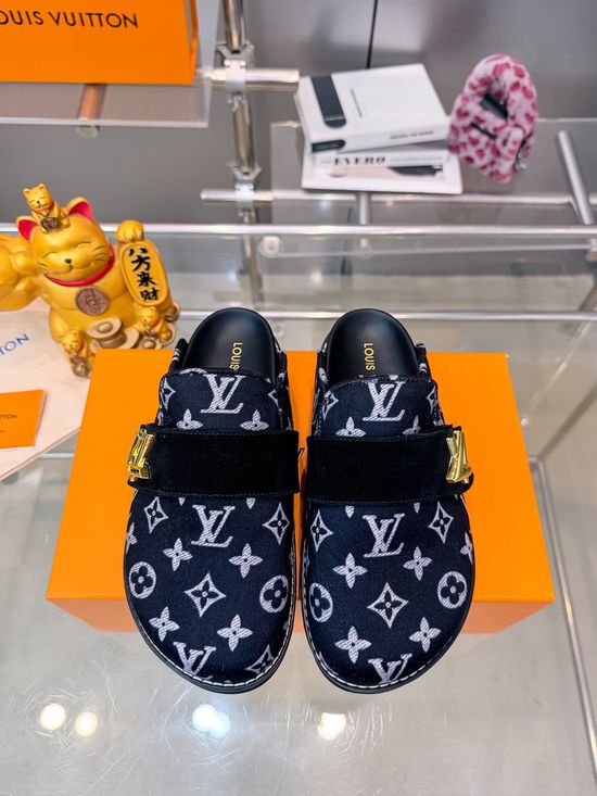 Louis Vuitton Embroidered Denim Slides With Logo Decoration