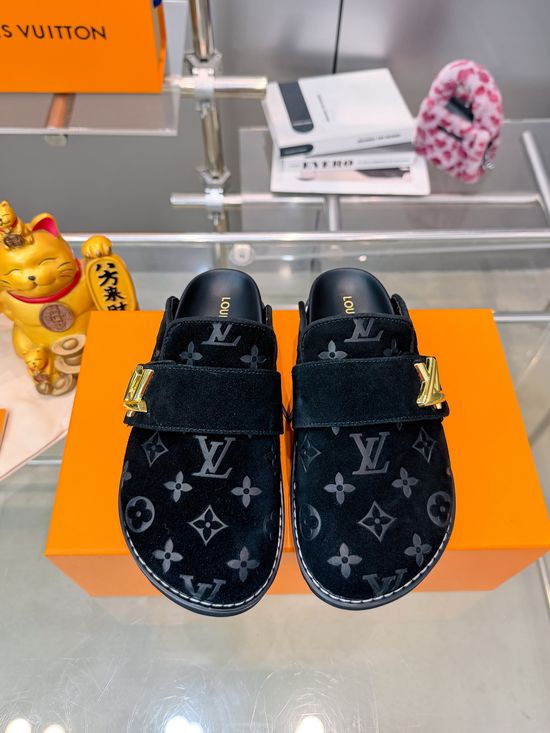 Louis Vuitton Embroidered Denim Slides With Logo Decoration