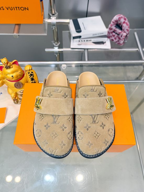 Louis Vuitton Embroidered Denim Slides With Logo Decoration