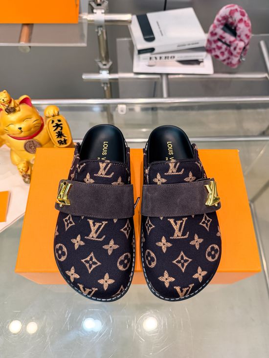 Louis Vuitton Embroidered Denim Slides With Logo Decoration