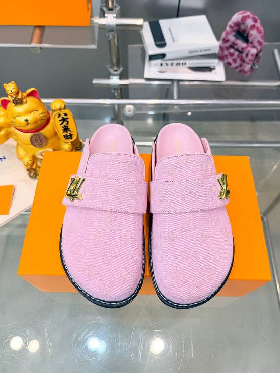 Louis Vuitton Embroidered Denim Slides With Logo Decoration