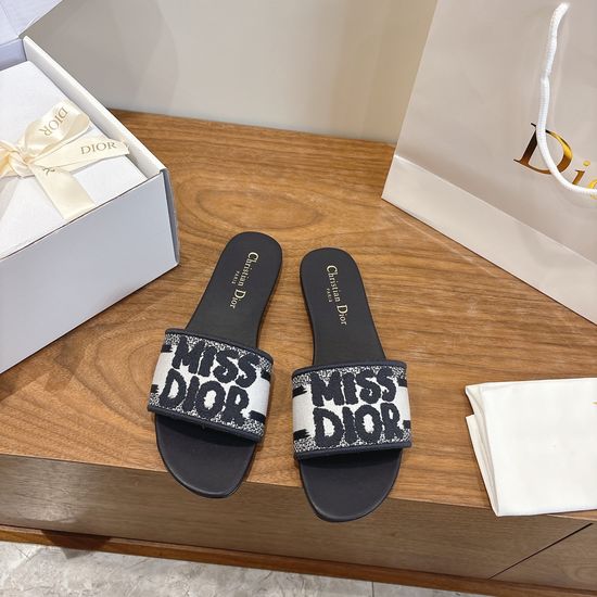 Christian Dior Silk Fabric Slip-on Sandals with CD Embroidery