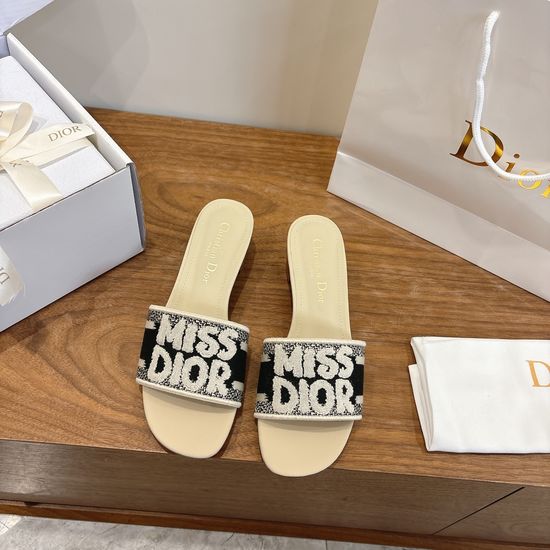 Christian Dior Silk Fabric Slip-on Sandals with CD Embroidery