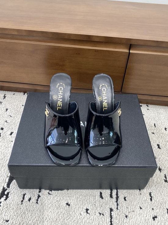 Chanel Patent Leather High Heel Slides With Classic Buttons