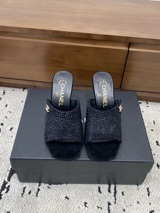 Chanel Classic Button Decor High Heel Leather Slides