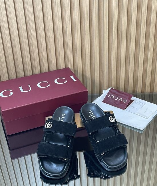 Gucci Embossed Suede Adjustable Strap Flat Casual Slide Sandals