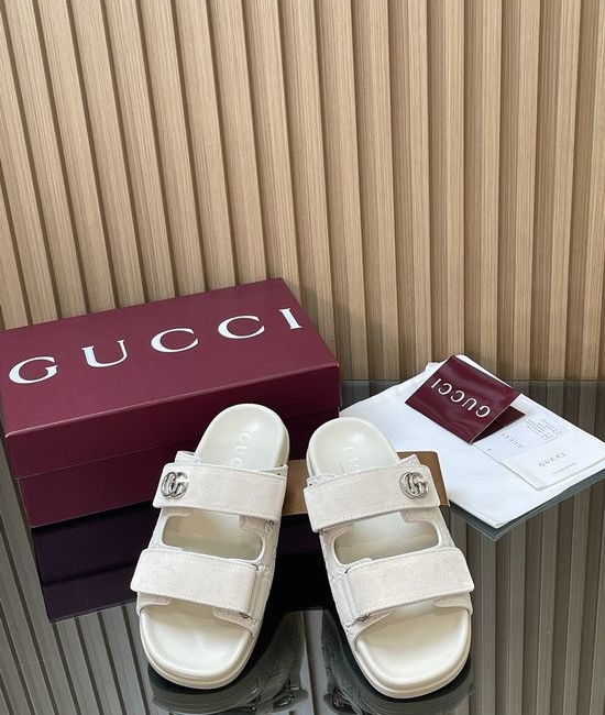 Gucci Embossed Suede Adjustable Strap Flat Casual Slide Sandals