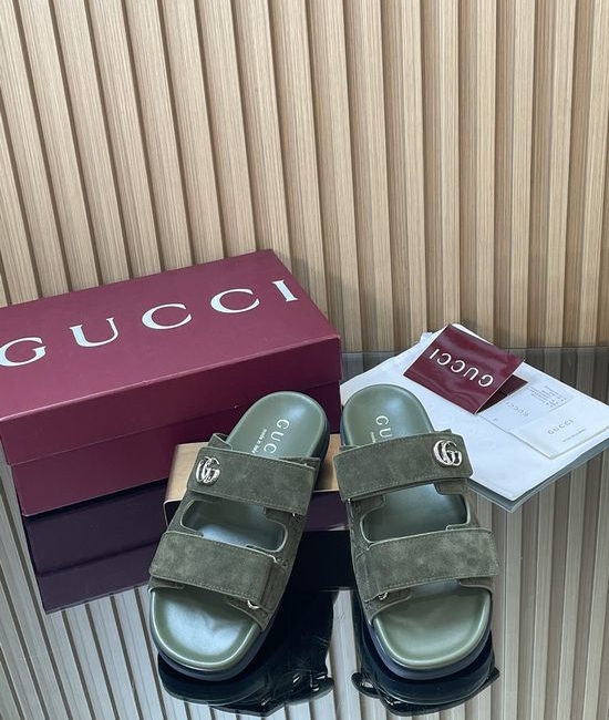 Gucci Embossed Suede Adjustable Strap Flat Casual Slide Sandals