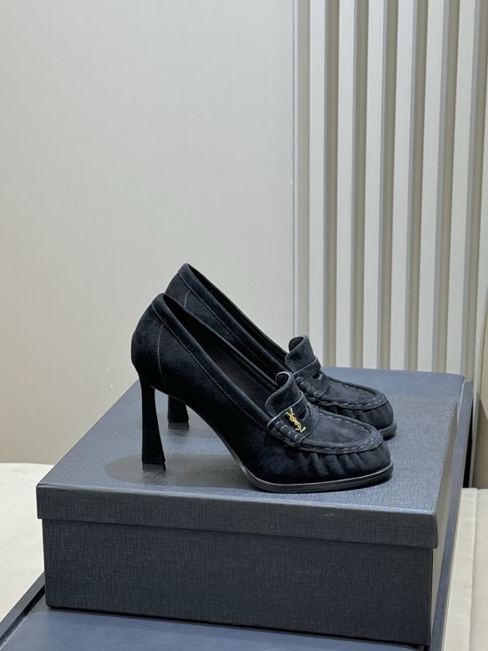 Yves Saint Laurent Patent Leather Block Heel Loafers with Logo Detail