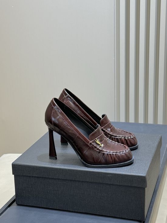 Yves Saint Laurent Patent Leather Block Heel Loafers with Logo Detail