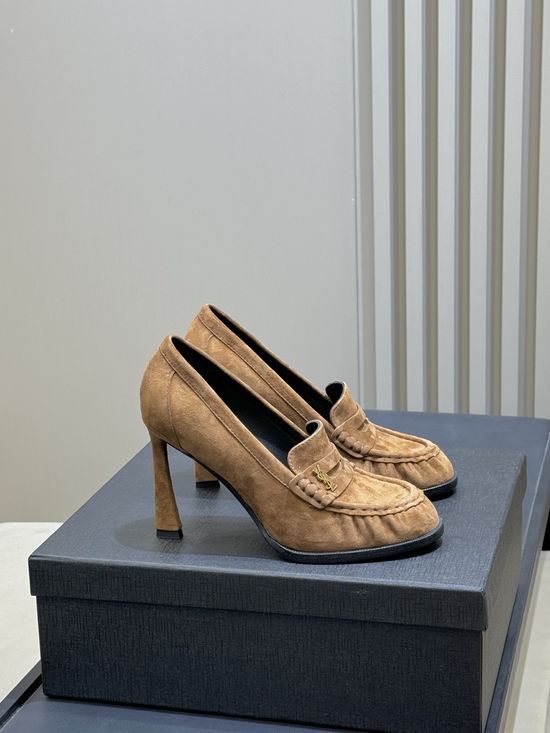 Yves Saint Laurent Patent Leather Block Heel Loafers with Logo Detail