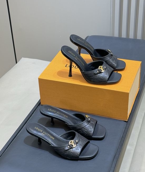Louis Vuitton LV Monogram Embossed High Heel Mules with Metal Accent