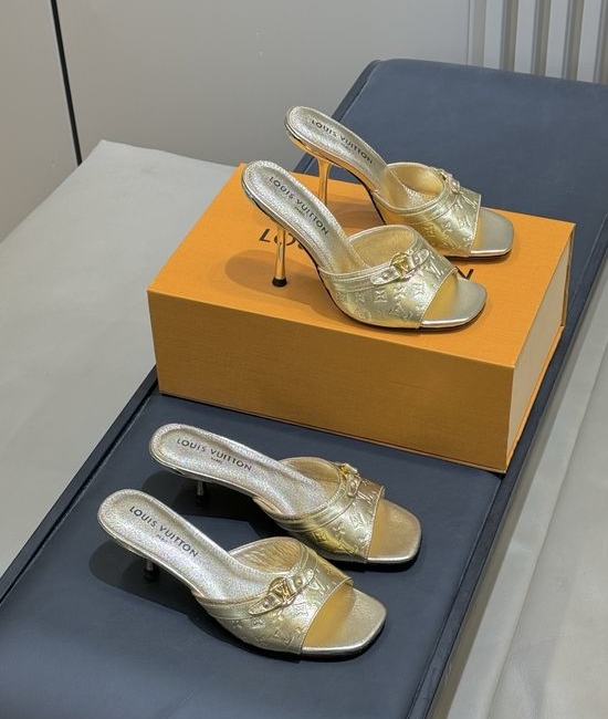 Louis Vuitton LV Monogram Embossed High Heel Mules with Metal Accent
