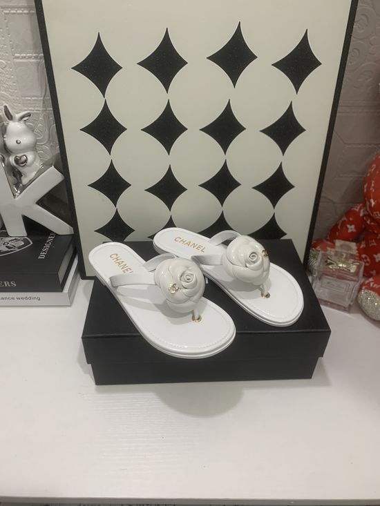 Chanel Camellia Flip Flops with Decorative Hardware Buckle