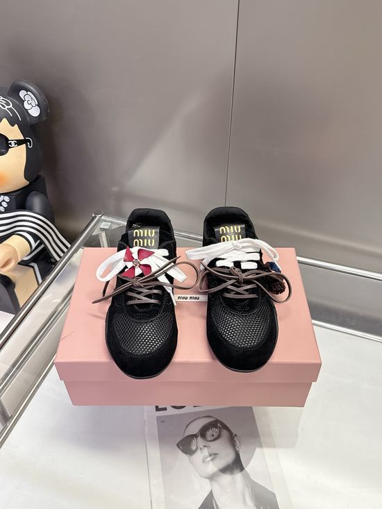 Miu Miu Breathable Mesh Suede Stitched Bow Decor Casual Shoes