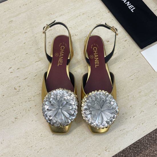 Chanel Color Block Square Toe Slingback Flats with Metal Buckle