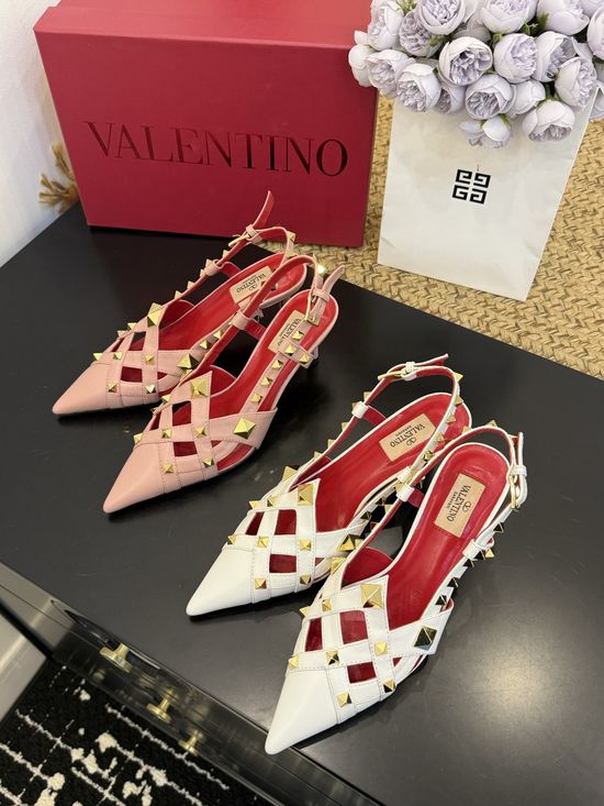 Valentino Pointed Toe Rivet Mid Heel Leather Pumps