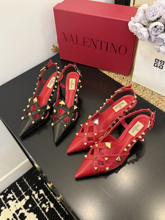 Valentino Pointed Toe Rivet Mid Heel Leather Pumps