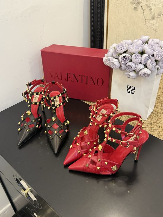 Valentino Pointed Toe Rivet Mid Heel Leather Pumps