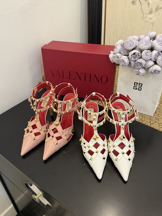 Valentino Pointed Toe Rivet Mid Heel Leather Pumps