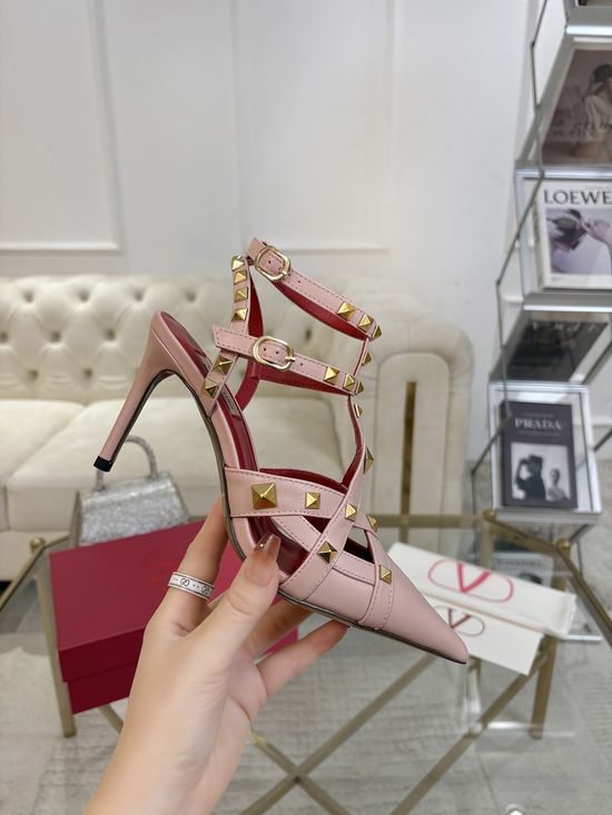 Valentino Stiletto Hollow Rivet Cowhide Upper Elegant Fashion Shoes