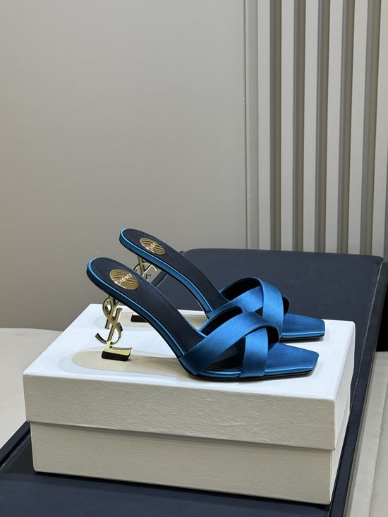 Yves Saint Laurent Elegant Satin High Heel Mules with Logo Heel