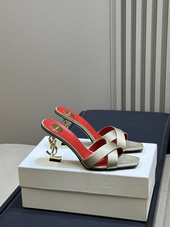 Yves Saint Laurent Elegant Satin High Heel Mules with Logo Heel