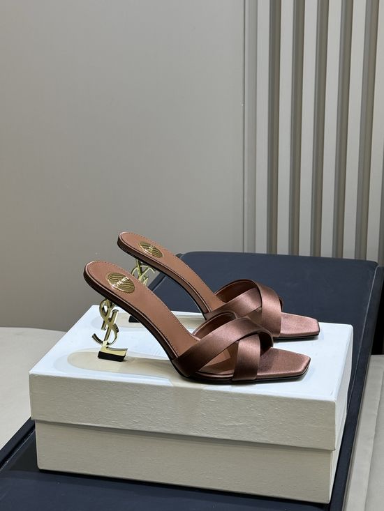 Yves Saint Laurent Elegant Satin High Heel Mules with Logo Heel