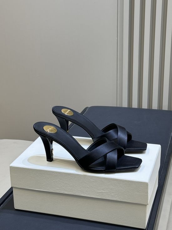 Yves Saint Laurent Elegant Satin High Heel Mules with Decorative Heel