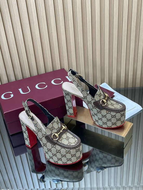 Gucci Monogram Canvas Block Heel Slingback Loafers with Buckle