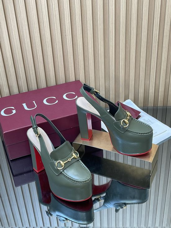 Gucci Embossed Leather Block Heel Slingback Loafers with Buckle