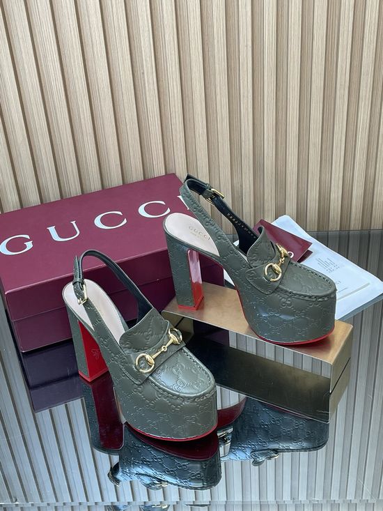 Gucci Embossed Leather Block Heel Slingback Loafers with Buckle