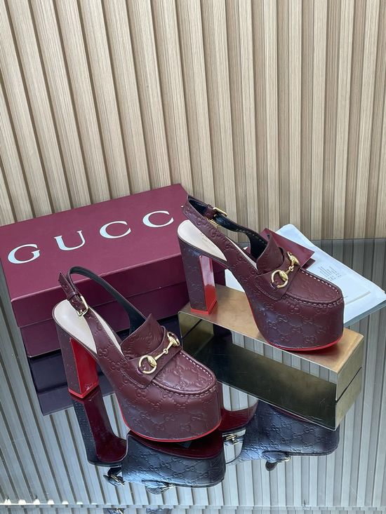 Gucci Embossed Leather Block Heel Slingback Loafers with Buckle