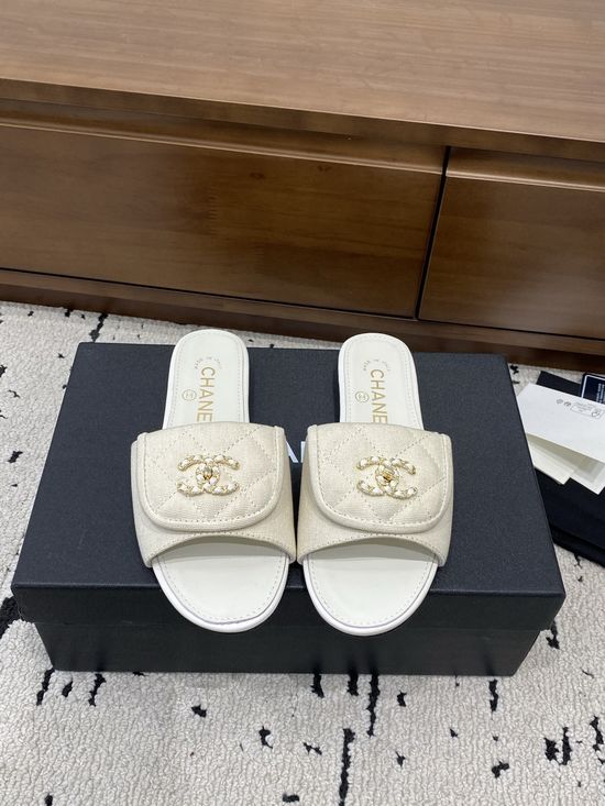 Chanel Genuine Leather Slip On Slides Elegant Comfortable Footwear