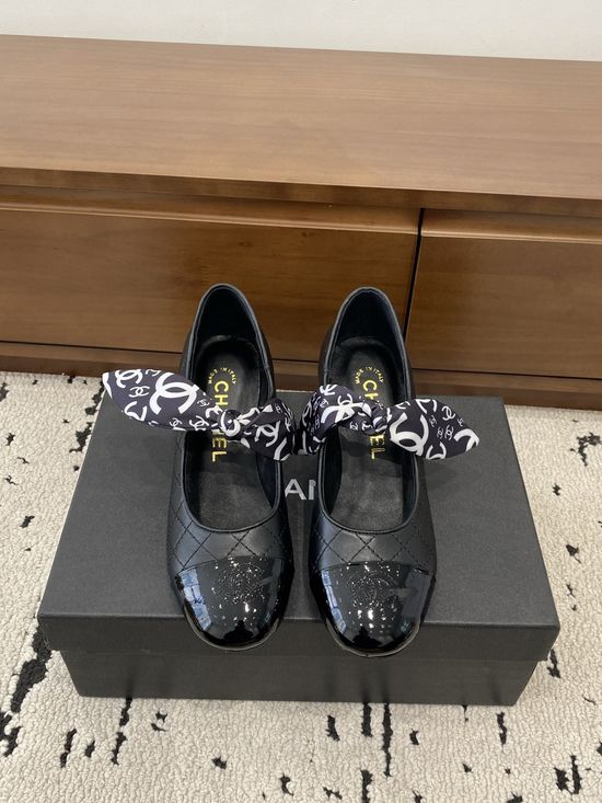 Chanel Bow Decor Mary Jane Shoes Pearl Heel Premium Leather