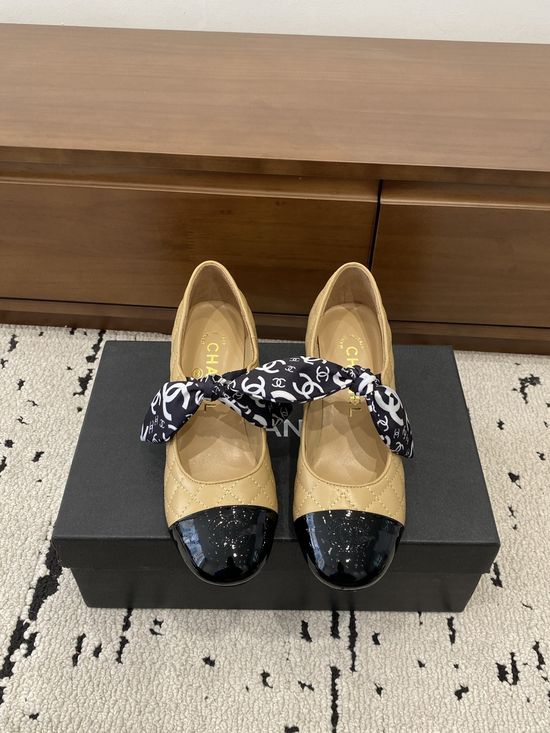 Chanel Bow Decor Mary Jane Shoes Pearl Heel Premium Leather