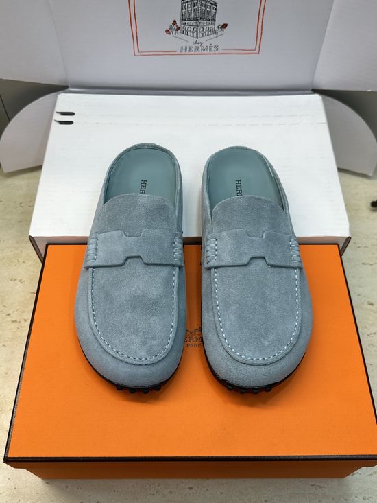 Hermes Flat Round-Toe Casual Mule Slippers with Genuine Leather