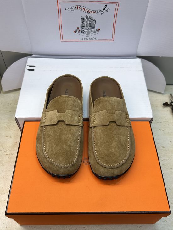 Hermes Flat Round-Toe Casual Mule Slippers with Genuine Leather