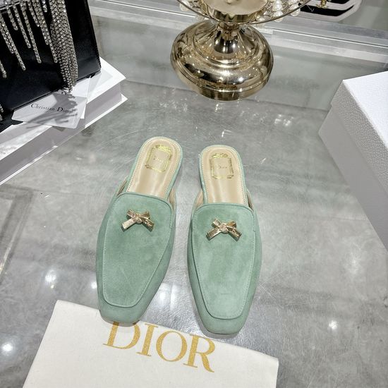 Christian Dior Bow Decor Leather Pointed Toe Mule Flat Slippers