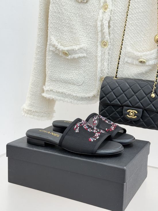 Chanel Mesh Rhinestone Slide Sandals Elegant Breathable Versatile