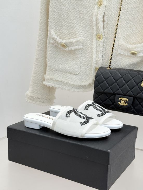 Chanel Mesh Rhinestone Slide Sandals Elegant Breathable Versatile