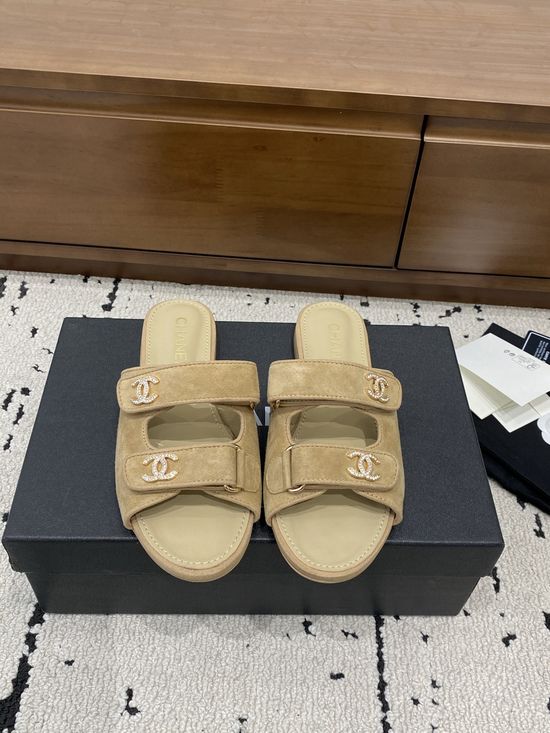 Chanel Premium Sheepskin Hook Loop Slide Sandals